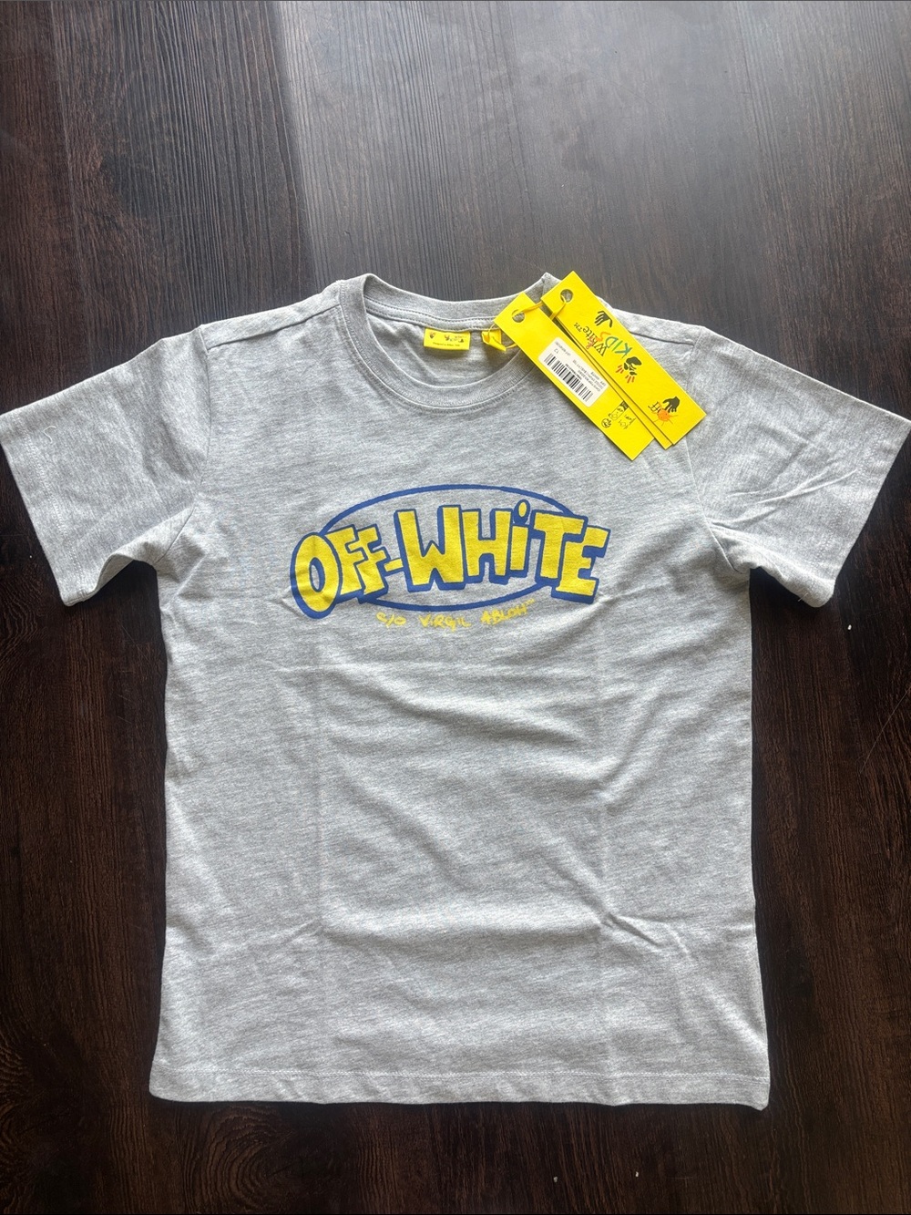 Off-White Kids Grey Tee with Yellow & Blue Logo